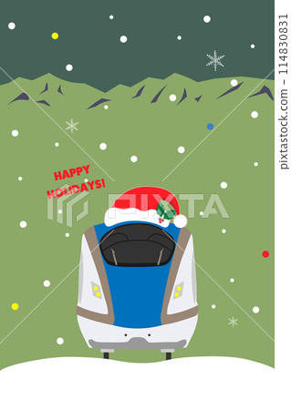 Design illustration of the Hokuriku Shinkansen with the words HAPPY HOLIDAYS and a Santa hat 114830831