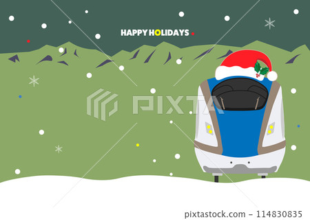 Design illustration of the Hokuriku Shinkansen with the words HAPPY HOLIDAYS and a Santa hat 114830835