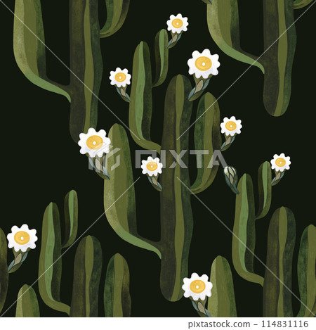 Blooming saguaro cactus. Seamless watercolor pattern for wrapping paper, wallpaper and textiles. 114831116