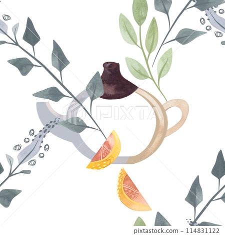 Herb tea. Melissa, mint, glassware, leaves and lemon slices. Seamless watercolor pattern for fabric, wallpaper, wrapping paper, packaging cosmetics, tablecloths, curtains and home textiles. 114831122