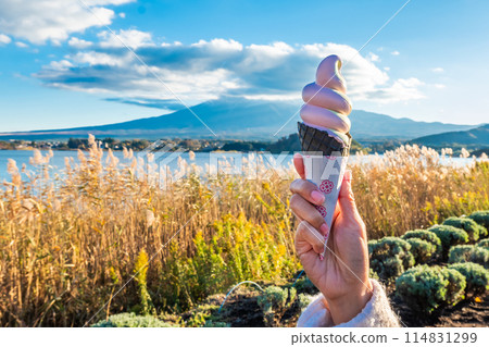 Hand holding soft serve ice cream at Lake Kawaguchiko with Mount Fuji in the background is a popular landmark among tourists. Hand holding soft serve ice cream at Lake Kawaguchiko with Mount Fuji in the background is a popular landmark among tourists. 114831299