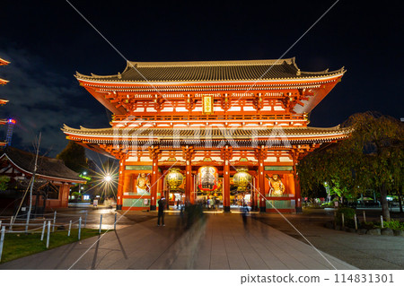 Sensoji Temple in nighttime, symbolized by large red lanterns and 5-story pagoda with light, are a popular destination. Sensoji Temple in nighttime, symbolized by large red lanterns and 5-story pagoda with light, are a popular destination. 114831301