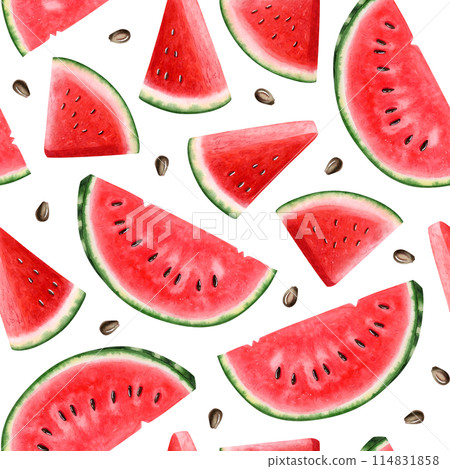 Ripe red watermelon slices with seeds watercolor seamless pattern on white Hand drawn summer fruits background with delicious organic food in realistic style 114831858