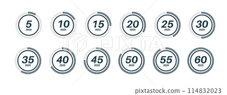 Clock symbols, stopwatch signs, Timer icons. 114832023