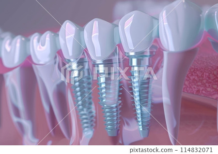 The concept of dental implants. A 3D rendering showing a dental implant placed between teeth The concept of dental implants. A 3D rendering showing a dental implant placed between teeth 114832071