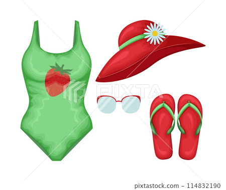Beach accessories. A set of beach items such as a swimsuit, flip-flops, sunglasses and a beach hat. Clothes for a beach holiday. Vector illustration. 114832190