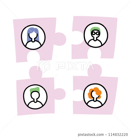 Teamwork abstract illustration, cooperation and partnership icon, human resources management, vector metaphor of organizational structure, team concept, puzzles with men and women Teamwork abstract illustration, cooperation and partnership icon, human resources management, vector metaphor of organizational structure, team concept, puzzles with men and women 114832220