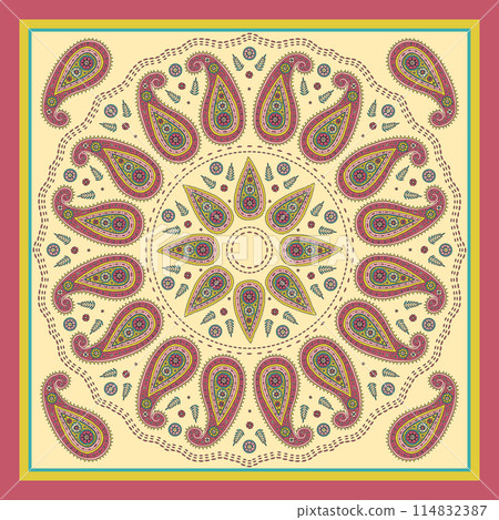 Scarf or bandana design with paisley mandala pattern and floral elements Scarf or bandana design with paisley mandala pattern and floral elements 114832387