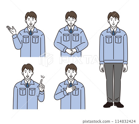 A set of common poses of men in work clothes 114832424