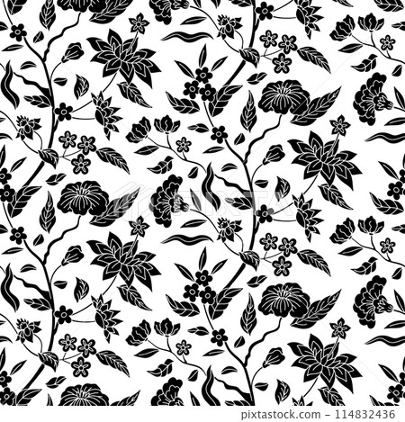 Seamless pattern with monochrome black and white chinoiserie hand drawn motifs 114832436