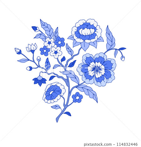 Monochrome blue floral chinoiserie motifs isolated on white background 114832446
