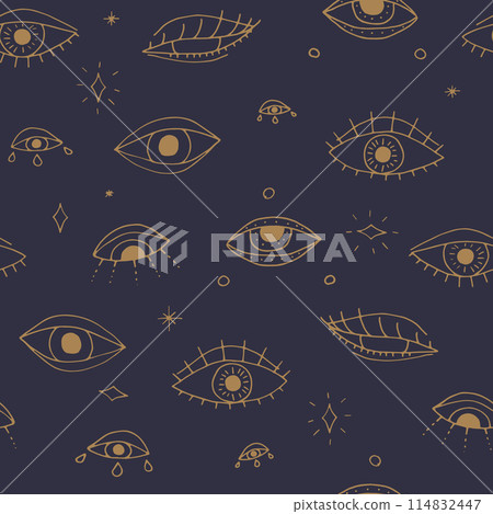 Mystical seamless pattern with golden all seeing eyes on blue background Mystical seamless pattern with golden all seeing eyes on blue background 114832447
