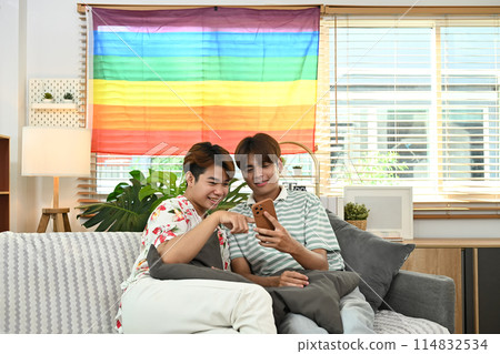 Loving young gay couple using mobile phone on sofa enjoy spending weekend together 114832534