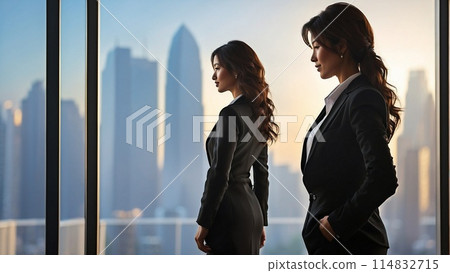 Successful Asian Businesswoman in Stylish Suit Working on Top Floor Office  114832715