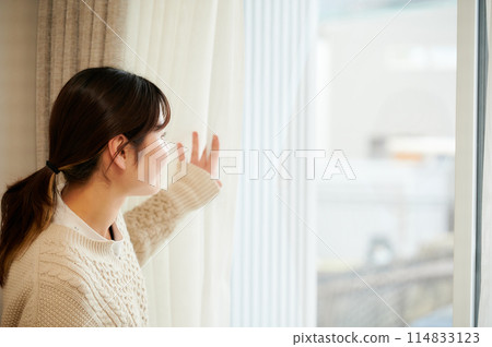 女人打開窗簾，清晨的陽光 114833123