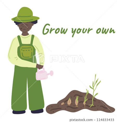 Grow your own flat design black skin man watering plants 114833433
