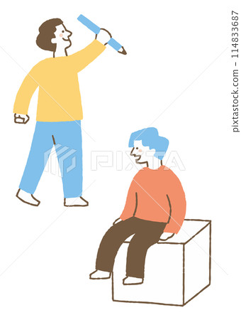 一個拿著大鉛筆的男人和一個坐在椅子上的男人_color 114833687