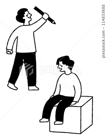 一個拿著大鉛筆的男人和一個坐在椅子上的男人_2 114833688