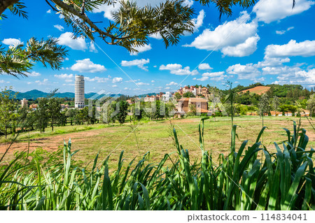Beautiful romantic of Venetian-style Italian village landscape on mountain with blue sky and cloud background in Thailand. Timelapse 114834041