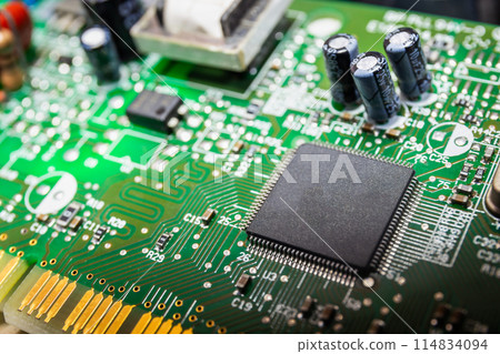Closeup of Chips on boards of computer and smart devices Processing phone. Select focus and Copy space background 114834094