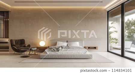 The bedroom has a spacious bed and a big window for natural light 114834101