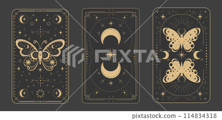 Tarot reverce border magic sacred cover card frame gold line border celelstial mystery esoteric decoration with moth stars and moon on dark background. Tarot reverce border magic sacred cover card frame gold line border celelstial mystery esoteric decoration with moth stars and moon on dark background. 114834318