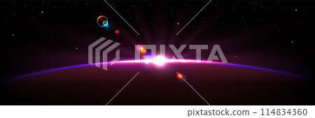 Planet horizon purple glow with rays and sparkle. 114834360