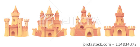 Cartoon sandcastle sculpture with towers and gates Cartoon sandcastle sculpture with towers and gates 114834372