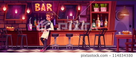 Pub interior with waiter standing near bar counter 114834380