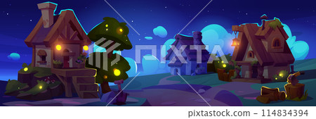 Fairytale village with houses and trees at night. 114834394