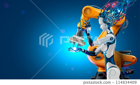 Robot or bot with artificial intelligence or AI takes control of factory into their hands. Robot or cyborg woman with ai controls industrial manufacturing, robotic arm. Industry 4.0 revolution concept 114834409