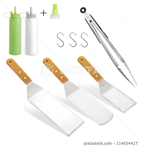Barbecue and grill spatula bottle hook tongs tools set on White Background 114834427
