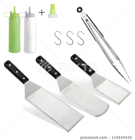 Barbecue and grill spatula bottle hook tongs tools set on White Background Barbecue and grill spatula bottle hook tongs tools set on White Background 114834430