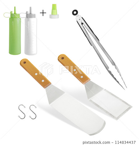 Barbecue and grill spatula bottle hook tongs tools set on White Background 114834437