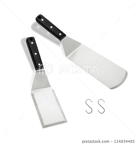 Barbecue and grill spatula bottle hook tongs tools set on White Background 114834485