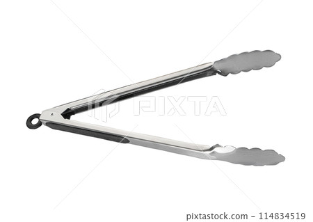 Barbecue and grill spatula bottle hook tongs tools set on White Background Barbecue and grill spatula bottle hook tongs tools set on White Background 114834519
