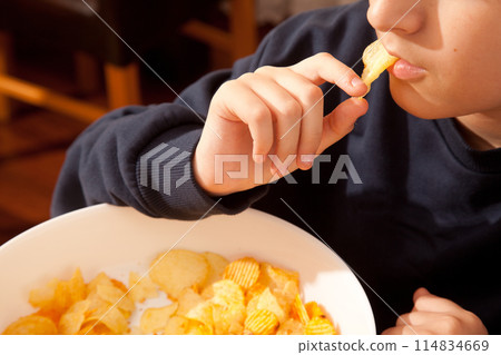 Caucasian person in navy blue t-shirt holding plate full of potato chips, young male eating potato chips 114834669