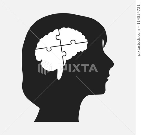 Female head with puzzle brain. Strategy, jigsaw Female head with puzzle brain. Strategy, jigsaw 114834721