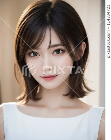 A medium-haired woman in a white dress smiling gently 114834723