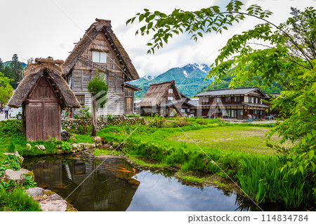 World Heritage Shirakawago Village is a farming village located in a valley along the Shogawa River, registered as a UNESCO World Heritage Site in 1995, Gifu Prefecture, Japan. 114834784