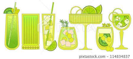 Green cocktails set. Margarita. Smoothie. Alcohol drink. Flat vector, gradient Green cocktails set. Margarita. Smoothie. Alcohol drink. Flat vector, gradient 114834837