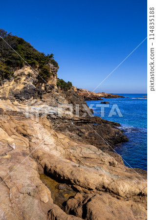 View of strange rock formations on Tsumekizaki Coast in Izu 114835188