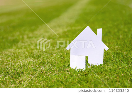 Closed up tiny home model from white paper on green grass background. Success dream life concept. Closed up tiny home model from white paper on green grass background. Success dream life concept. 114835240