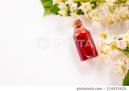 Tincture of horse chestnut flowers in a jar. Homemade herbal tincture. Hair treatment concept. Flat lay Tincture of horse chestnut flowers in a jar. Homemade herbal tincture. Hair treatment concept. Flat lay 114835428