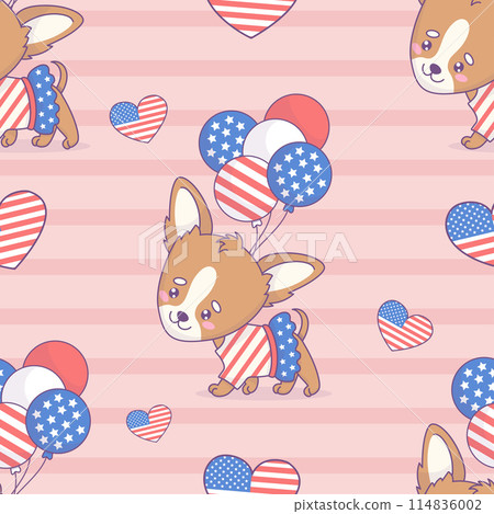 Seamless pattern with dog chihuahua girl in patriotic dress with balloons in colors American flag on striped pink background. Vector illustration design national holidays and Independence Day. Seamless pattern with dog chihuahua girl in patriotic dress with balloons in colors American flag on striped pink background. Vector illustration design national holidays and Independence Day. 114836002