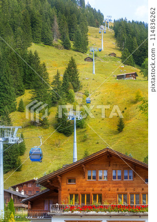 Kandersteg, Switzerland gondola blue cabins 114836262
