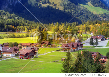 Aerial view of Kandersteg, Switzerland, landscape 114836267