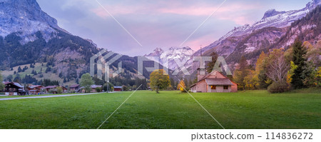 Kandersteg church, sunset mountains, Switzerland 114836272