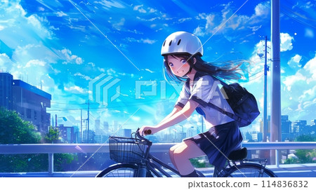 Female student riding a bicycle 22 114836832