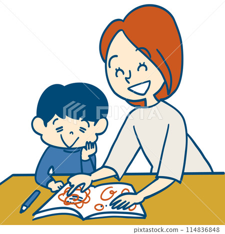 一位母親高興地稱讚孩子在家學習 114836848